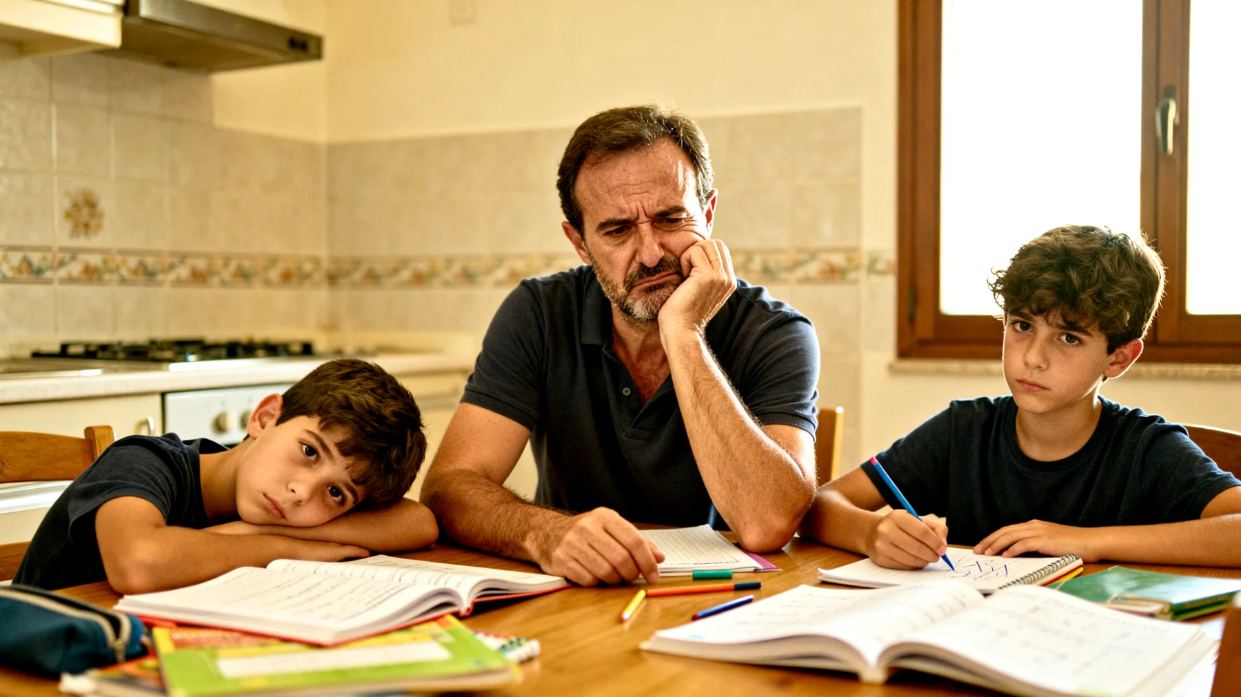 Papà che fatica a motivare i propri bambini nello studio e nelle attività scolastiche, sentendosi impotente di fronte alla loro svogliatezza e mancanza di interesse per i compiti"